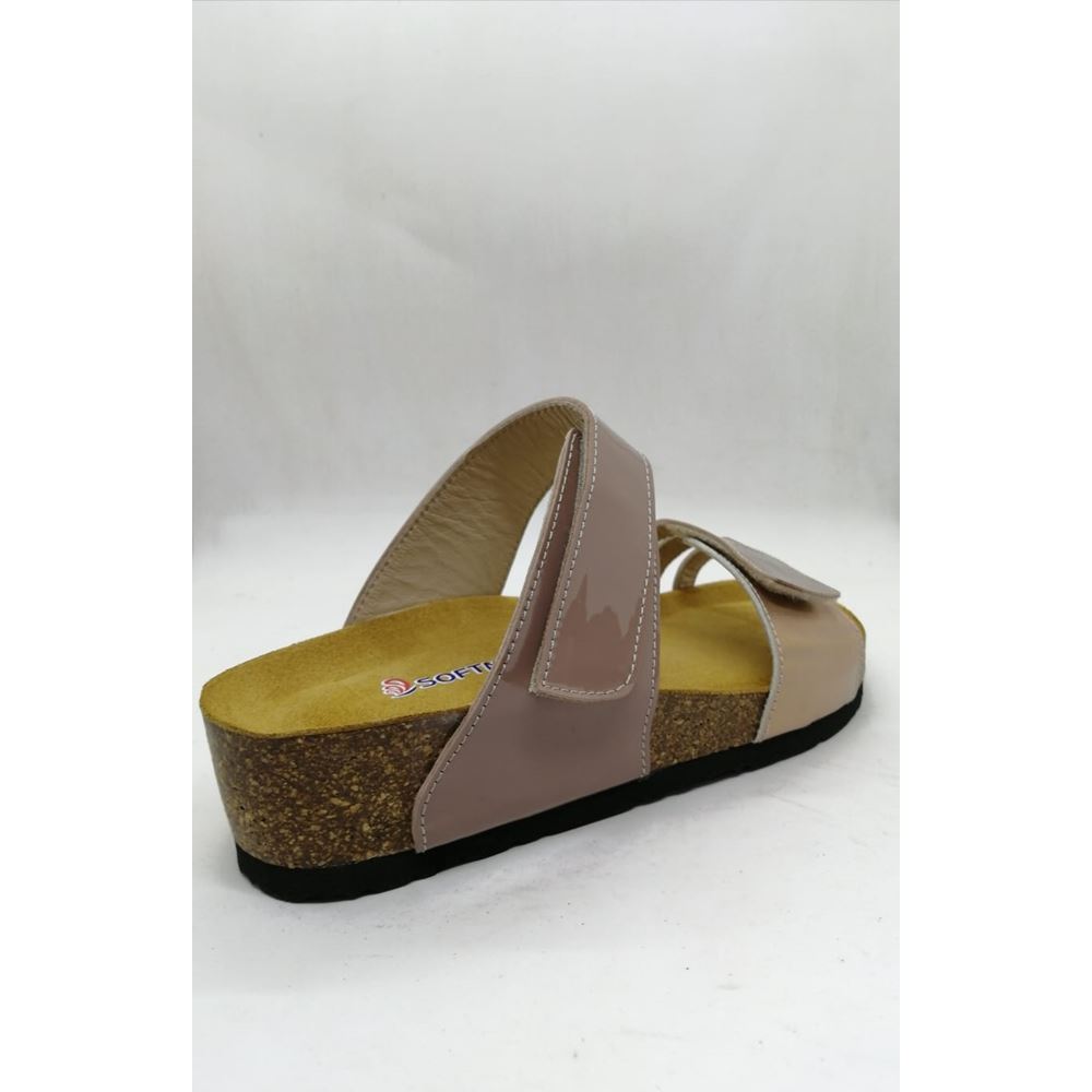 93002 Çift Bant Pudra Hakiki Deri Portekiz Mantarı Ortopedik Taban Terlik