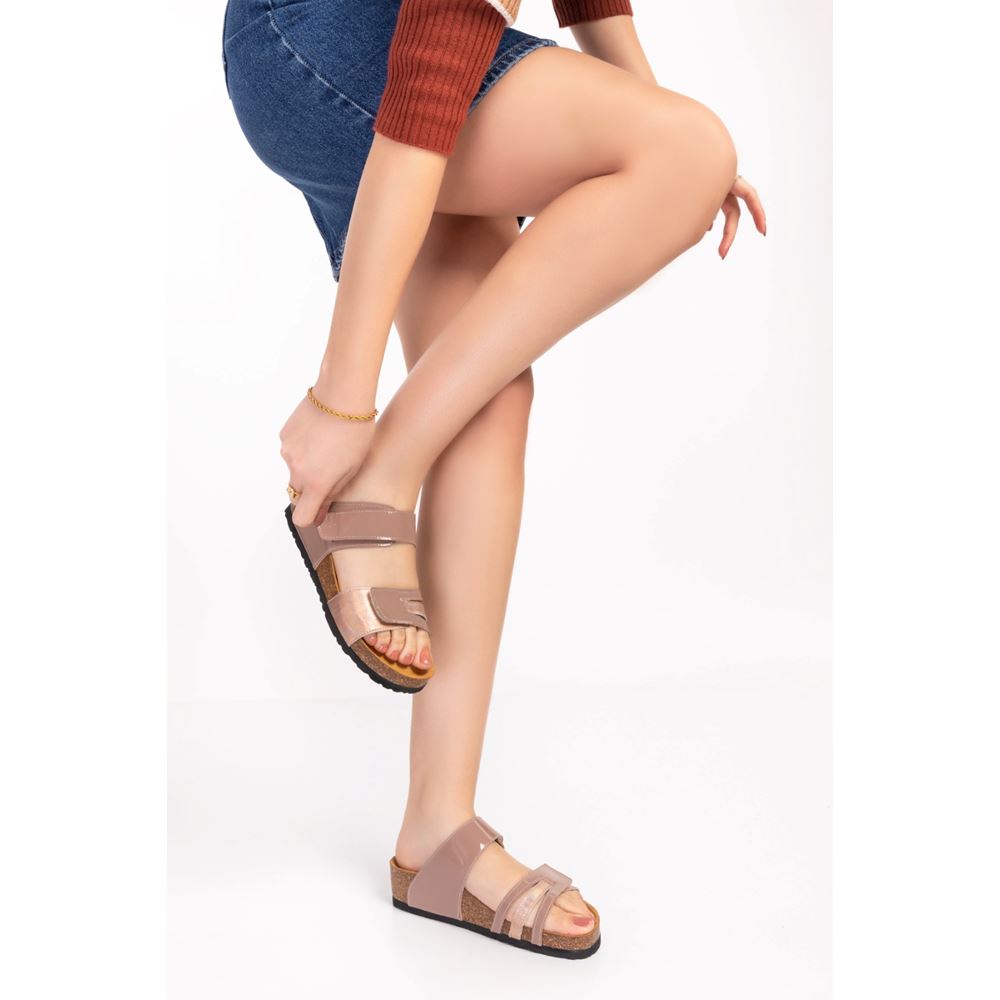 93002 Çift Bant Pudra Hakiki Deri Portekiz Mantarı Ortopedik Taban Terlik