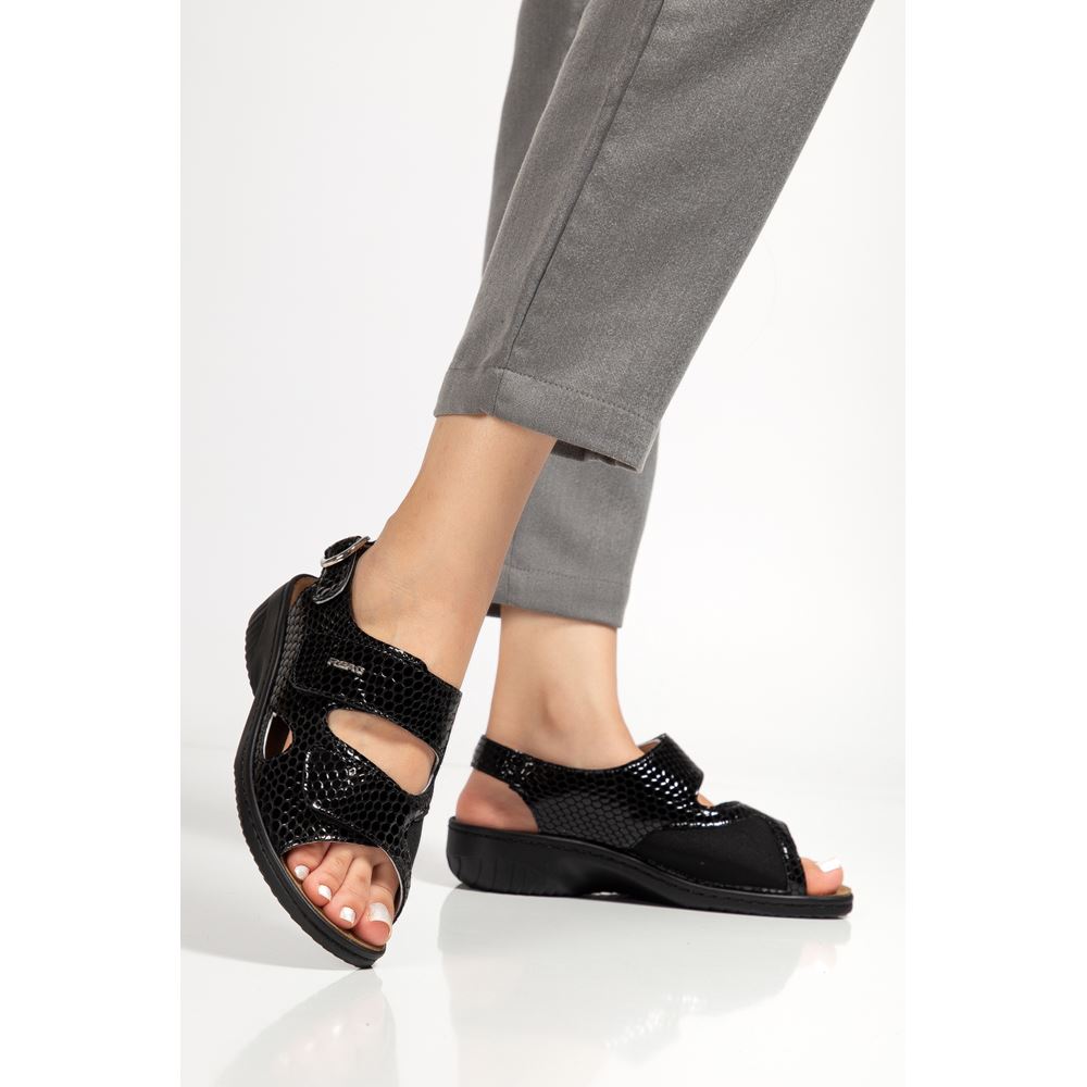 394 SİYAH Halluks Valgus Tabanı Çıkabilen Ortopedik Taban Hakiki Deri Sandalet