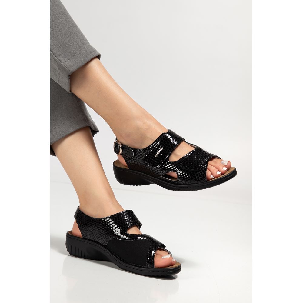 394 SİYAH Halluks Valgus Tabanı Çıkabilen Ortopedik Taban Hakiki Deri Sandalet