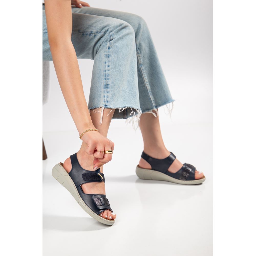 2844 LACİVERT SİMLİ Tabanı Çıkabilen Ortopedik Taban Hakiki Deri Sandalet