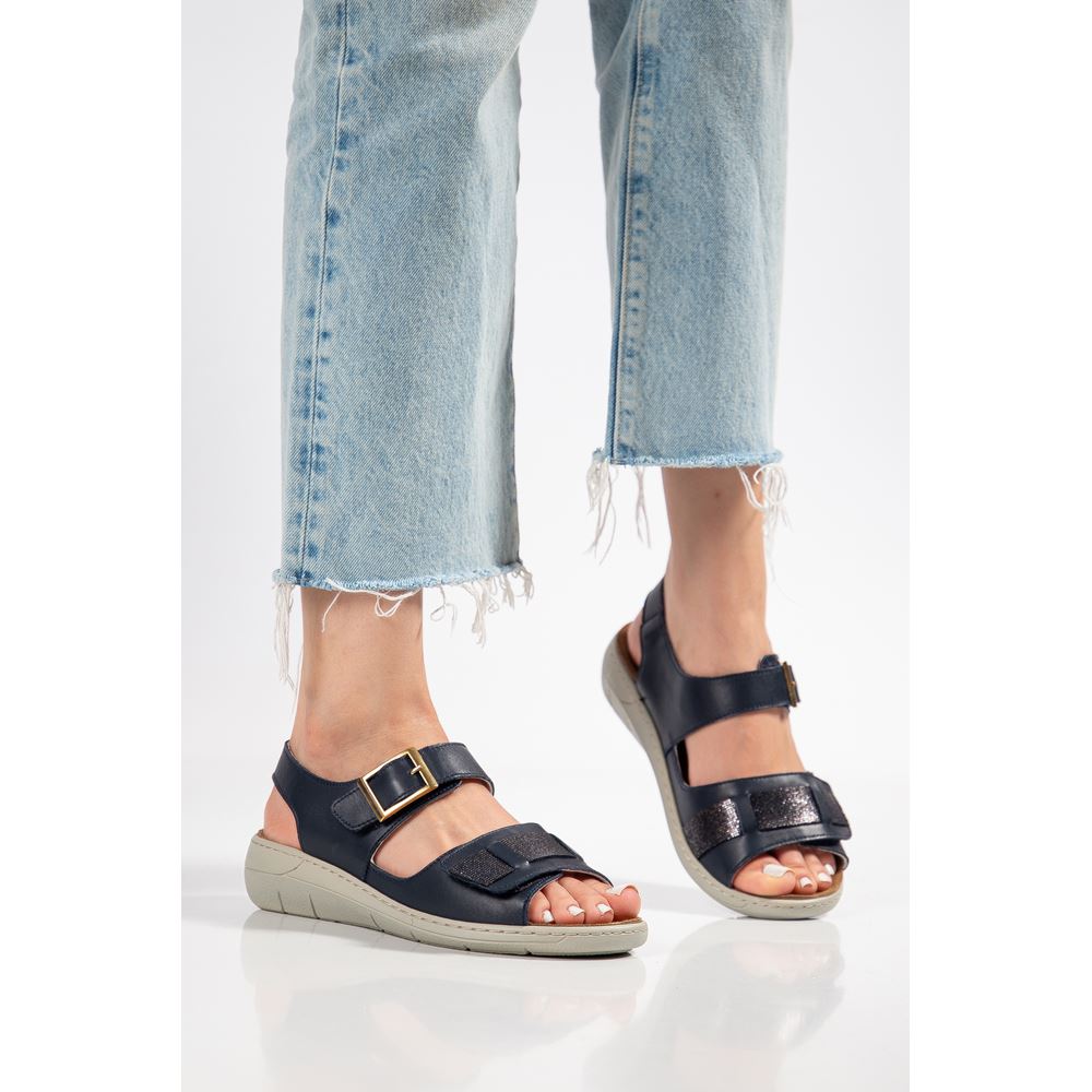 2844 LACİVERT SİMLİ Tabanı Çıkabilen Ortopedik Taban Hakiki Deri Sandalet