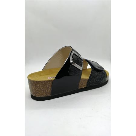 93002 Tek Toka Bant Siyah Hakiki Deri Portekiz Mantarı Ortopedik Taban Terlik