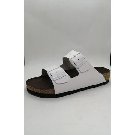 MERLIN Beyaz Çift Toka Hakiki Deri Portekiz Mantarı Ortopedik Taban Terlik