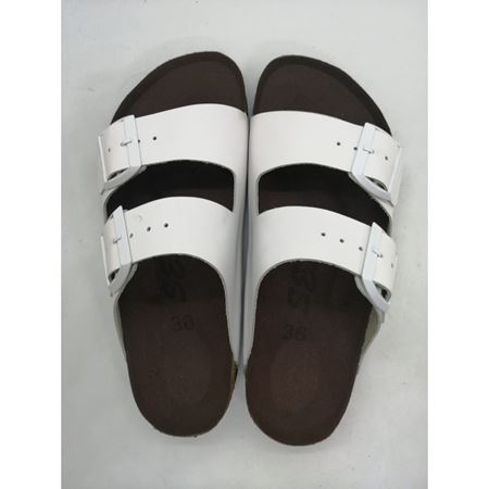 MERLIN Beyaz Çift Toka Hakiki Deri Portekiz Mantarı Ortopedik Taban Terlik