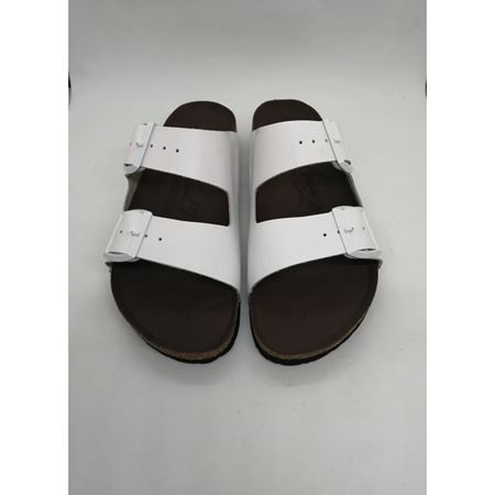 MERLIN Beyaz Çift Toka Hakiki Deri Portekiz Mantarı Ortopedik Taban Terlik