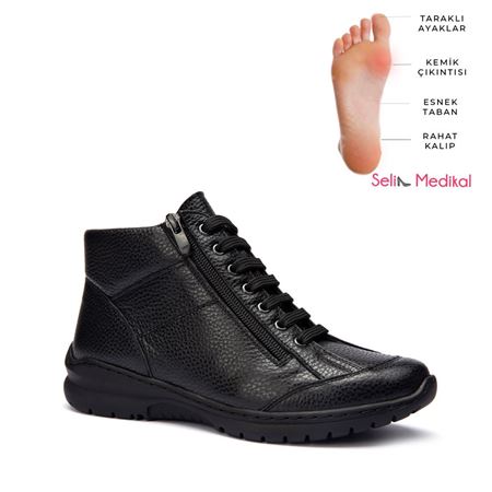 19209 Siyah Hakiki Deri Bağcıklı Fermuarlı Esnek Taban