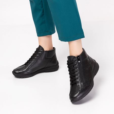 19209 Siyah Hakiki Deri Bağcıklı Fermuarlı Esnek Taban