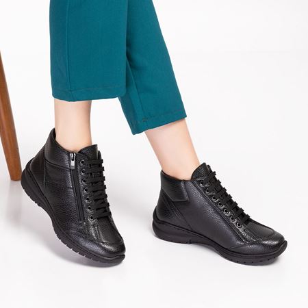 19209 Siyah Hakiki Deri Bağcıklı Fermuarlı Esnek Taban