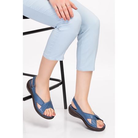 204 Kot Mavi Hakiki Deri Ortopedik Masaj Tabanlı Sandalet