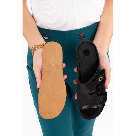 802 SİYAH Halluks Valgus Bunyon Kemik Çıkıntısına Özel  İç Tabanı Çıkan Hakiki Deri Ortopedik Terlik