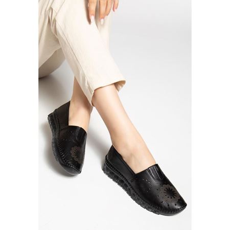 1040 SİYAH Lazerli Hakiki Deri Comfort Ortopedik Kadın Ayakkabı