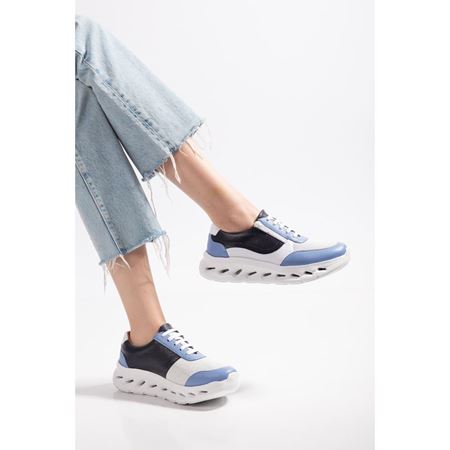 19248  BEYAZ/MAVİ Hakiki Deri Ortopedik  Spor Ayakkabısı