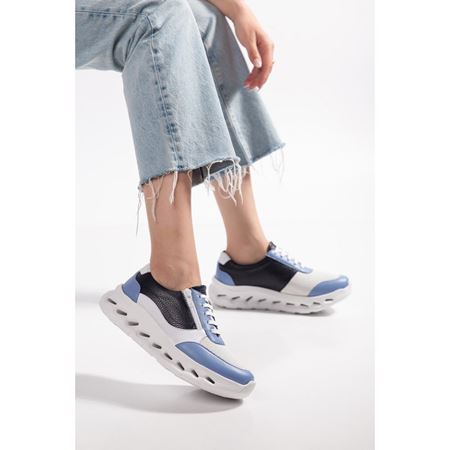 19248  BEYAZ/MAVİ Hakiki Deri Ortopedik  Spor Ayakkabısı