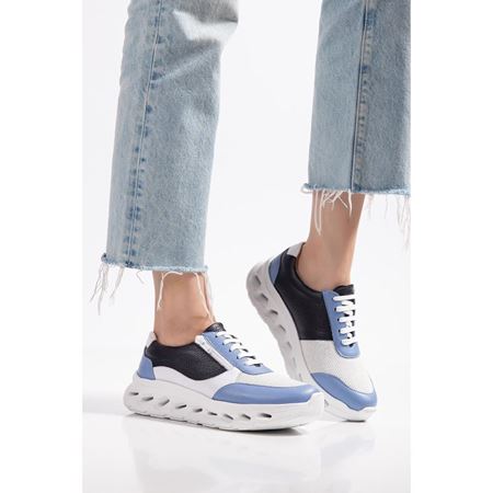 19248  BEYAZ/MAVİ Hakiki Deri Ortopedik  Spor Ayakkabısı