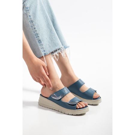 34 KOT MAVİ Hakiki Deri Comfort Ortopedik Terlik