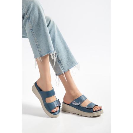 34 KOT MAVİ Hakiki Deri Comfort Ortopedik Terlik